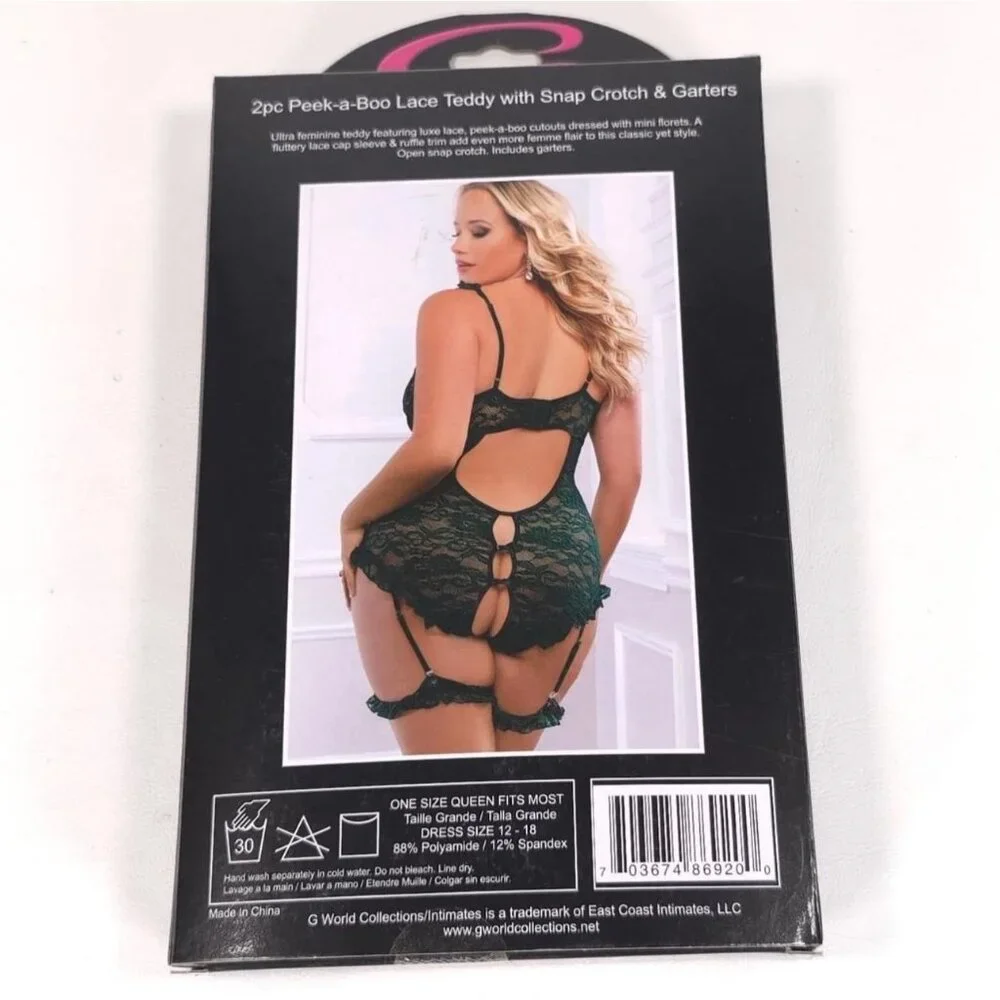Green Lace‎ Peekaboo Teddy Snap Crotch w/ Garters Plus Size G World OH2425PQ